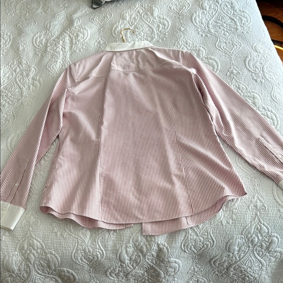Women’s Red and White Striped Button Down Dress Shirt. Tailored fit and Non-iron - Picture 3 of 4